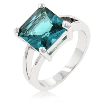 J Goodin R07595RS3207 Princess Cut Aquamarine Crystal Solitaire Ring in Rhodium White Gold. Silver Tone.