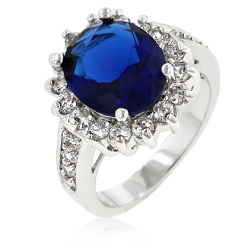 R07730R-C30-05 Oval Sapphire Crystal and Round CZ Trimmed Ring in Rhodium with Pave Shoulders - Size 5