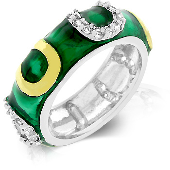 R07805T-V03-10 Genuine Rhodium Plated- 18k Gold Plated Horseshoes and Dark Green Enamel Overlay with Handset Clear CZ Eternity Ring - Size 10