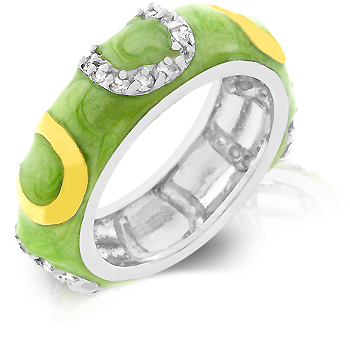 R07805T-V04-10 Genuine Rhodium Plated- 18k Gold Plated Horseshoes and Light Green Enamel Overlay with Handset Clear CZ Eternity Ring - Size 10