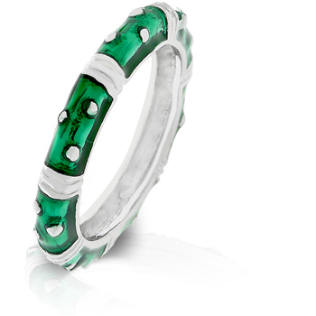 Genuine Rhodium Plated Dark Green Enamel Overlay Eternity Ring With 3 Silvertone Polk-a-dots And 3 Silvertone Stripes In 7 Sections - Size 5