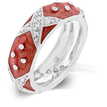 Genuine Rhodium Plated and Pink Hand Applied Enamel Overlay Eternity Ring with Handset Clear CZ Xs and Silvertone Polk-a-dots - Size 10