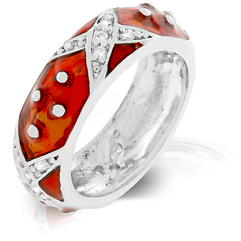R07807R-V03-05 Rhodium and Ruby Red Hand Applied Enamel Set Over a Fine Jewelers Metal- Handset Clear CZs