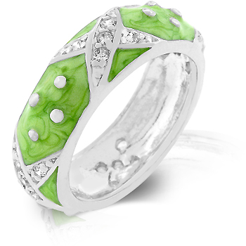 Genuine Rhodium Plated and Forest Green Hand Applied Enamel Overlay Eternity Ring with Handset Clear CZ Xs and Silvertone Polk-a-dots - Size 10