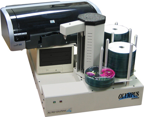 All Pro Solutions Olympus 2H Standalone Networked Automated CD-DVD Publisher - Built-In PC - 2 Drives - SpeedJet Inkjet Printer - 220 Capacity