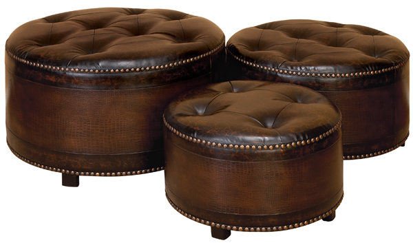 Benzara 57993 Set Of 3 Dark Brown Round Leather Ottoman Footstools