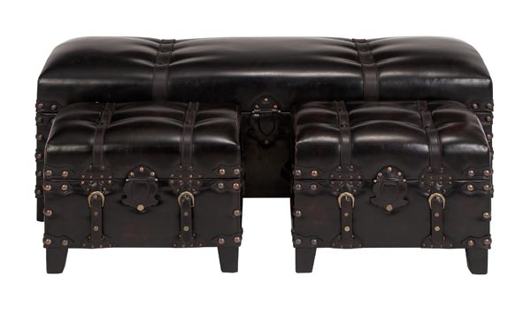 Benzara 74474 Set Of 3 Antiqued Leather Straps Bench Ottoman Footstools