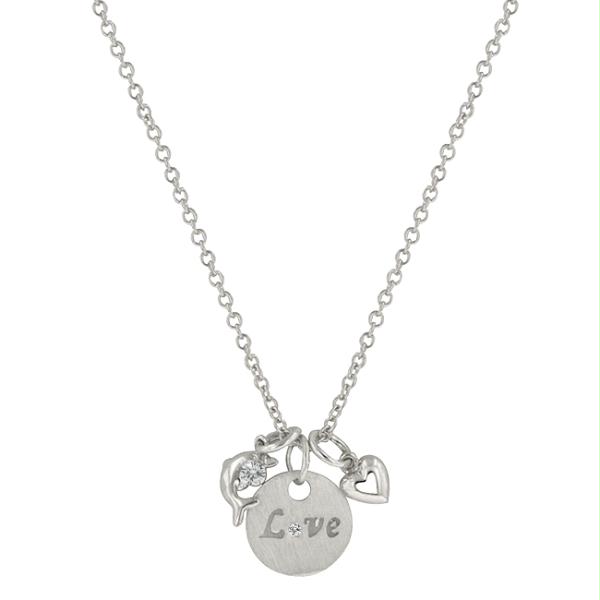 Jewelry Design JGN01133RC01 Love And Heart Necklace With Round Cut Clear Cz With Love Script And Heart Charms In Silver Tone