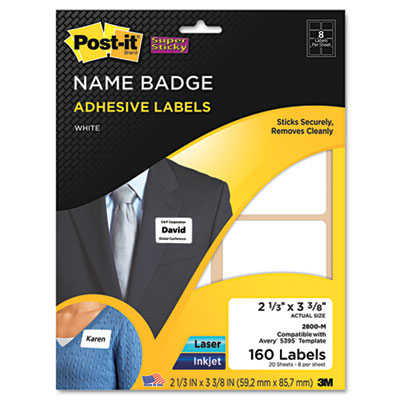 Postit 2800M Super Sticky Name Badge Labels 33/8 x 21/3 White 160/Pack