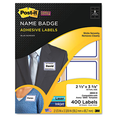 Postit 2800O Super Sticky Name Badge Labels 33/8 x 21/3 Blue Border 400/Pack