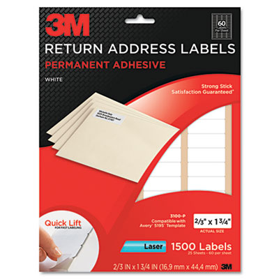 3M 3100P Permanent Adhesive White Mailing Labels F/ Laser Printers 2/3x13/4 1500/Pack