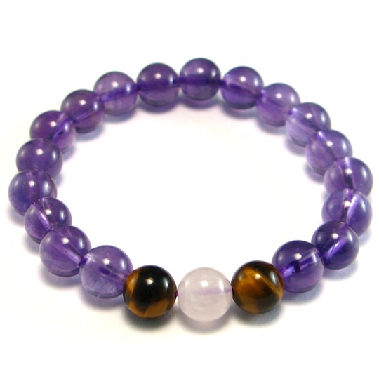 CET Domain 2C070061 Natural Purple Rose Agate Amethyst Quartz Tiger Eye Bracelet 8 mm