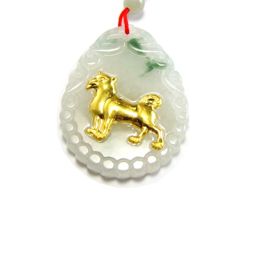 CET Domain 2C080033 Natural Jade Agate 24k Gold Zodiac Dog Pendant Necklace