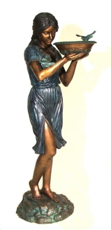Standing Girl With Bird Fountain - Bronze