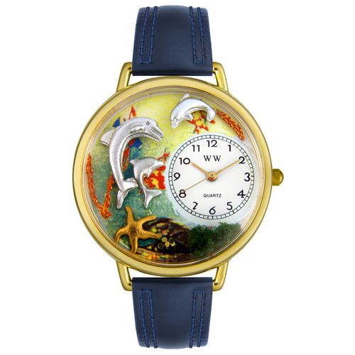 Whimsical Watches WG0140004 Unisex Dolphin Navy Blue Leather And Goldtone Watch