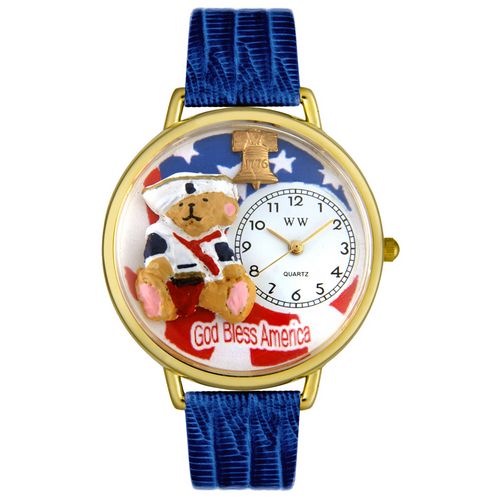Whimsical Watches WG0230004 Unisex Patriotic Teddy Bear Royal Blue Leather And Goldtone Watch