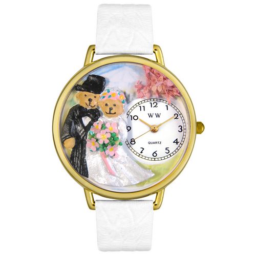 Whimsical Watches WG1340002 Unisex Teddy Bear Wedding White Leather And Goldtone Watch