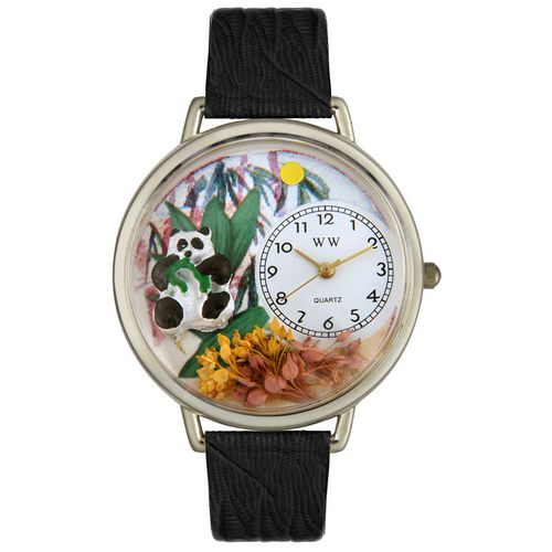 Whimsical Watches WU0150017 Unisex PAnda Bear Black Skin Leather And Silvertone Watch