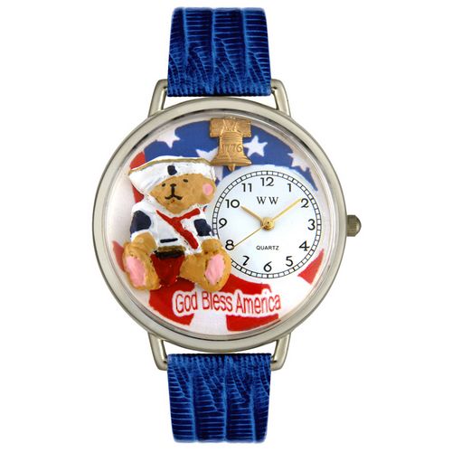 Whimsical Watches WU0230004 Unisex Patriotic Teddy Bear Royal Blue Leather And Silvertone Watch
