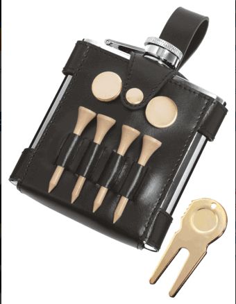 Gb 6oz Hip Flask With Black Leather Wrap And Golf Tools