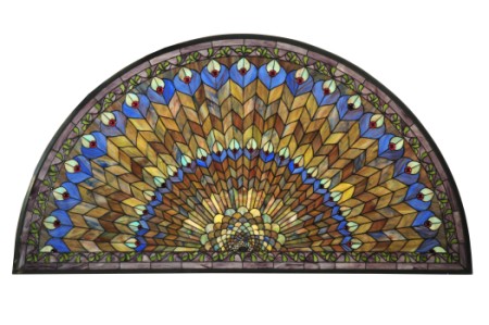 108900 58 In. W X 30.5 In. H Tiffany Jeweled Peacock Stained Glass Window