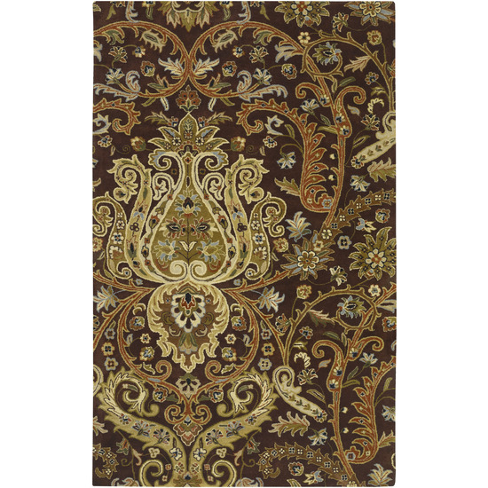 A141-58 Ancient Treasures Rug- 100% Semi-worsted New Zealand- Hand Tufted- Chocolate/gold/brown/rust/blue/green- 5&apos;x8&apos;