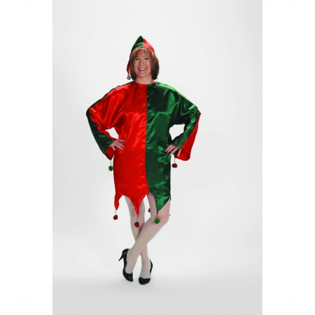 1102 Green And Red Satin Jingle Christmas Elf Adult Costume