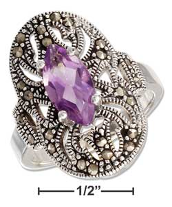 Sterling Silver Marcasite and Synthetic Marquise Cut Amethyst Filigree Ring
