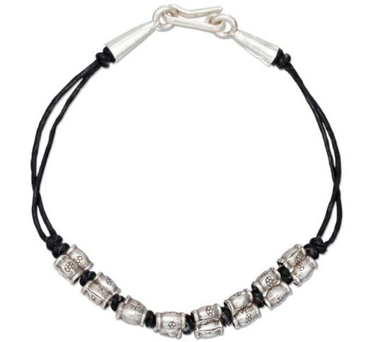 Plum Island Silver P013614 Sterling Silver 7 in. Two Strand Black Cotton Waxed Thread Bracelet Silver Beads