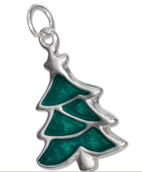 Plum Island Silver P013698 Sterling Silver Green Enamel Christmas Tree Charm with Star on Top