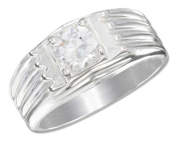 Plum Island Silver SR160611 Sterling Silver Mens Ring with Single 6.6mm Round Clear Cz in Square Setting
