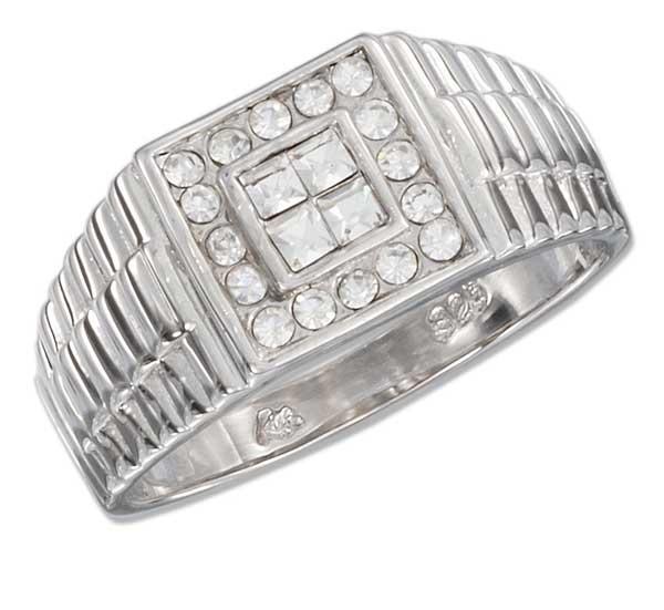 Plum Island Silver SR174709 Sterling Silver Mens Ring with 4 Princess Cut Clear Czs with Round Cz Border Size 9