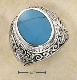 Plum Island Silver SR206507 Sterling Silver Mens LG Bezel Set Oval Turquoise Ring with Tapered Scrolled Floral Ban Size 7
