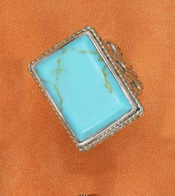 Plum Island Silver SR268407 Sterling Silver Rectangular Turquoise Ring with Floral Filigree Sides Size 7