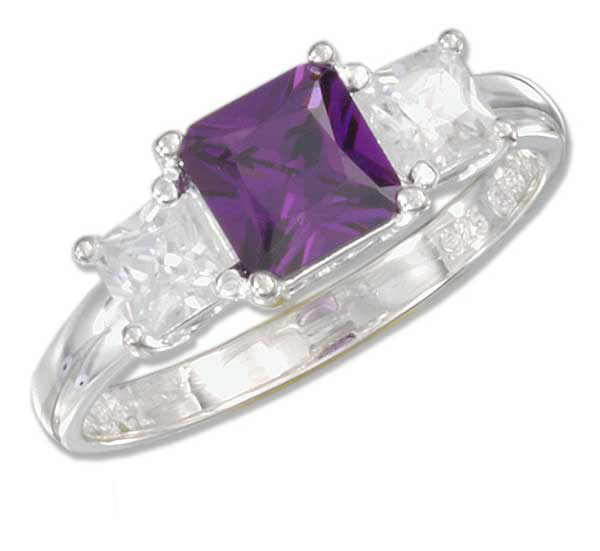 Plum Island Silver SR275709 Sterling Silver Purple Cz with Clear Cz Three Stone Ring Size 9