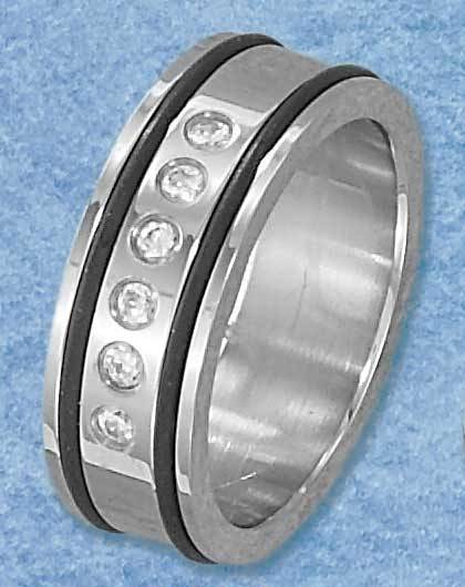 Plum Island Silver SR310610 Stainless Steel Mens Rubber and Multiple Cubic Zirconias Band Size 10