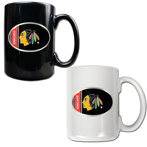 Great American Products GAPGMGMW00313 Chicago Blackhawks NHL 2pc 15oz Ceramic Mug Set One Black Mug One White Mug with Oval Logo