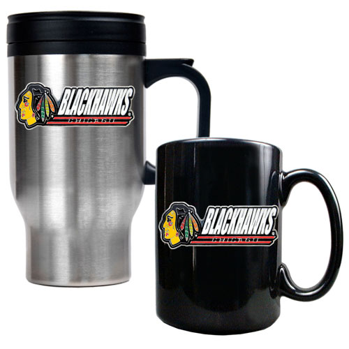 Great American Products GAPTMGM00314 Chicago Blackhawks NHL Stainless Steel Travel Mug and Black Ceramic Mug Set