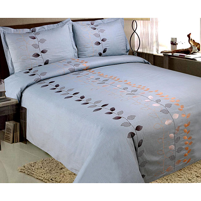 Jenny George JG104EMBDS3FQSLATE Vineyard 3 Pc Duvet Cover Set With Floral Embroidery Full Queen Size Slate