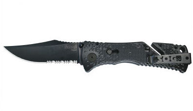 TF1-CP Trident Partially Serrated Knife - Black Tini with Clam Pack