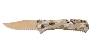 TF5-CP Trident Desert Camo Partially Serrated Knife - Copper Tini with Clam Pack