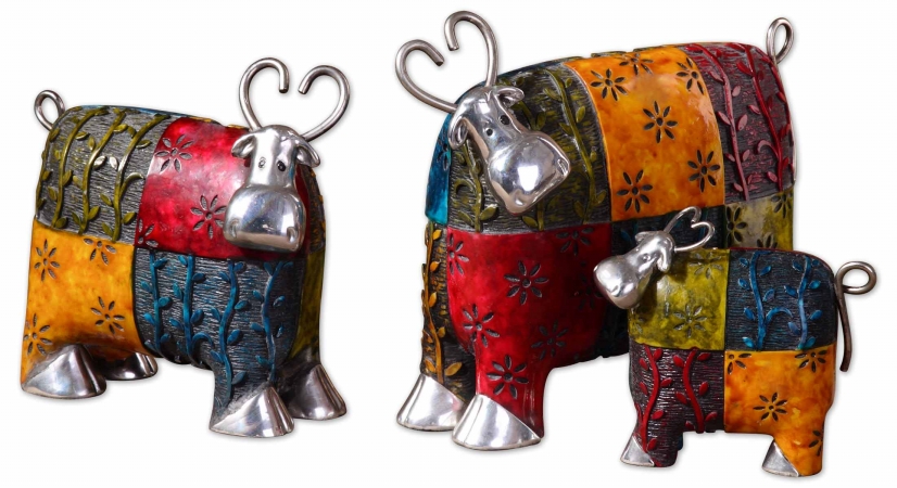 19058 Colorful Cows Accessories Set Of 3 - Polyresin-metal