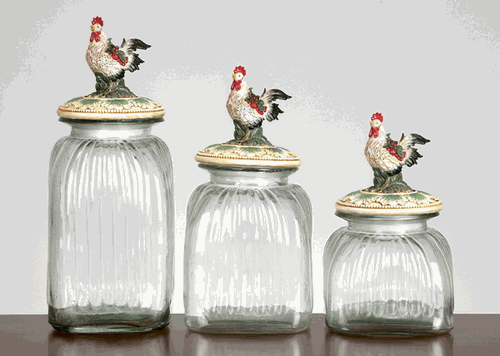 Benzara 90478 Rooster Top Clear Glass Canister Jar Set of 3 with Lids