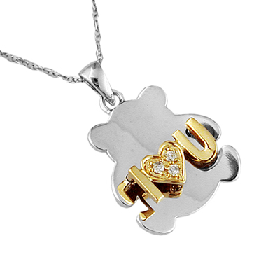 Jewelry Castle 15111TTDN 14K Two Tone I Love You Diamond Teddy Bear Necklace