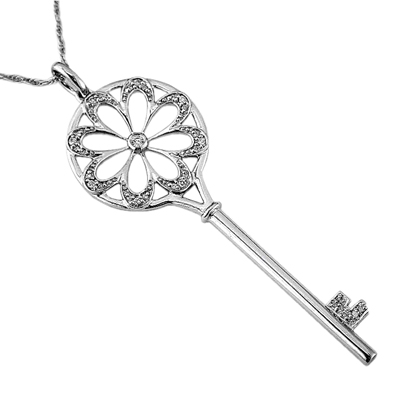 Jewelry Castle 15126WDN 14K White Gold Diamond Key Necklace
