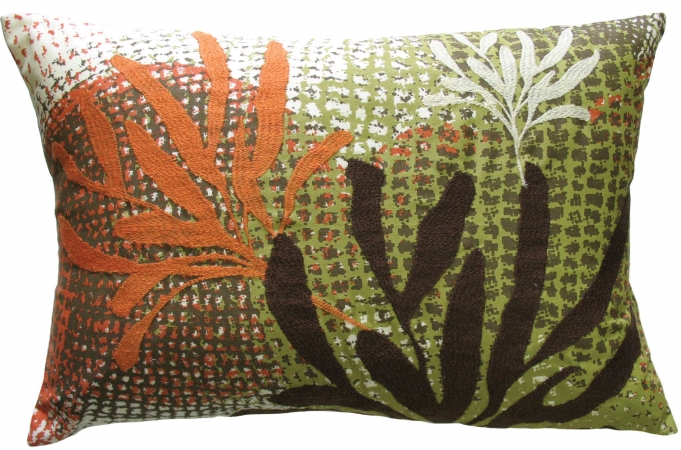 91762 Ecco- Pillow- 13x20- Cotton- Print And Embroidery- Rust-brown Leaves.
