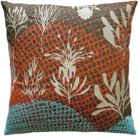 91763 Ecco- Pillow- 20x20- Cotton- Print And Embroidery- Off White Leaves.