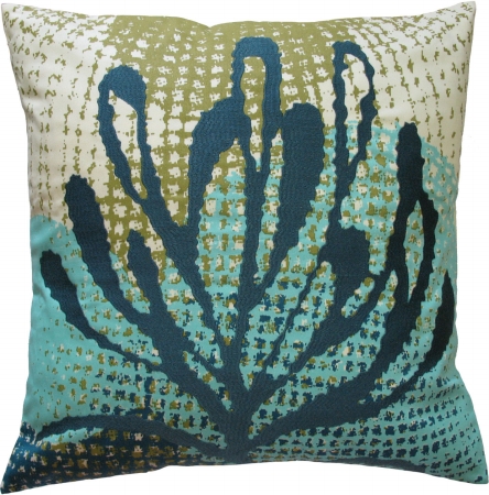 91764 Ecco- Pillow- 20x20- Cotton- Print And Embroidery- Blue Leaf.