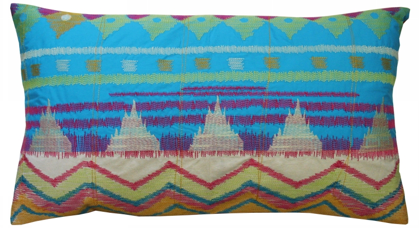 91718 Java Bright- Pillow- 15x27- Cotton- Ikat Inspired- Embroidery And Applique.