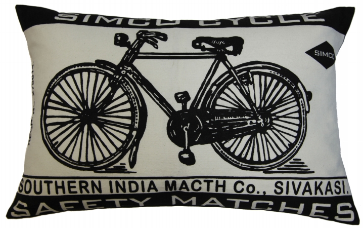 91573 Match Co- Pillow- 13x20- Cotton- Bicycle Print- Ecru-black.